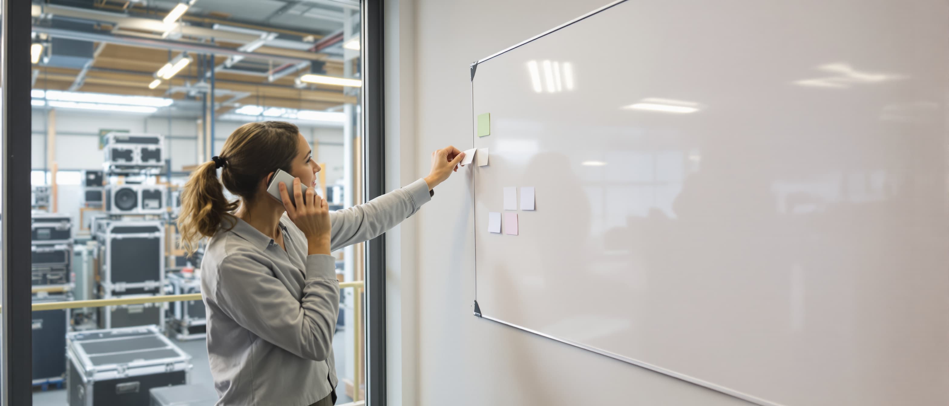 Planner van een AV-bedrijf verplaatst met de telefoon aan het oor een kaartje op een groot wandplanbord, met het magazijn vol flightcases achter het raam