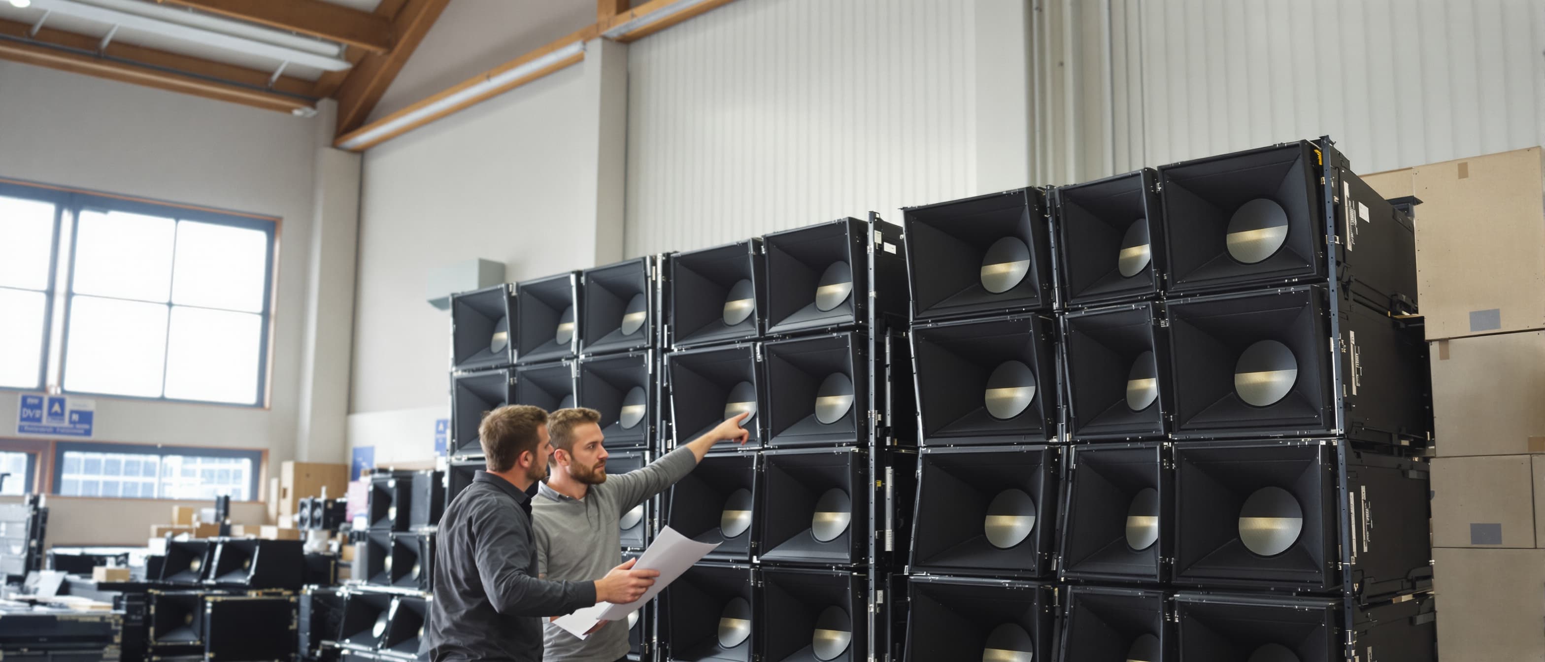 Twee planners van een AV-bedrijf staan bij dezelfde stapel line-array luidsprekers en wijzen allebei naar dezelfde set, met een planningslijst op een klembord