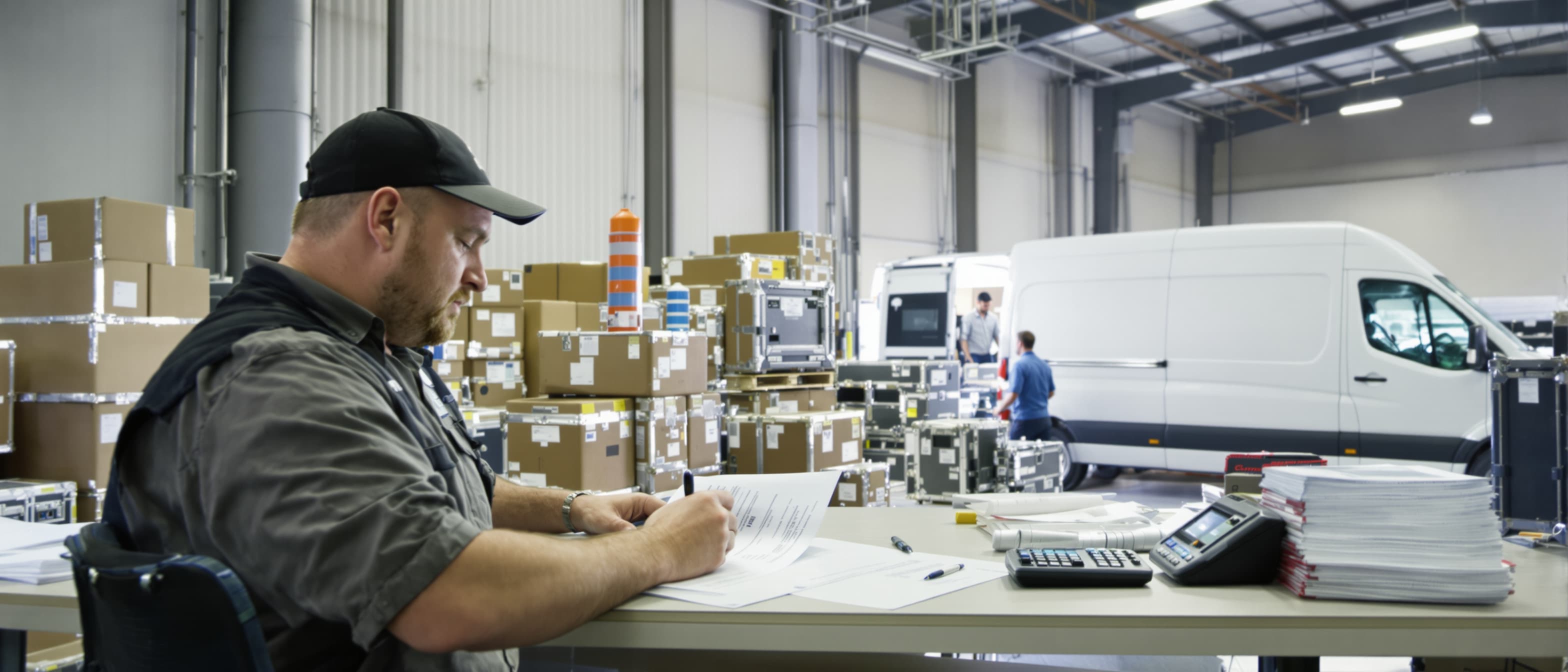 Magazijnmedewerker controleert aan een bureau in een AV-magazijn een uitgeprint document naast flightcases, terwijl op de achtergrond collega's een bestelbus laden
