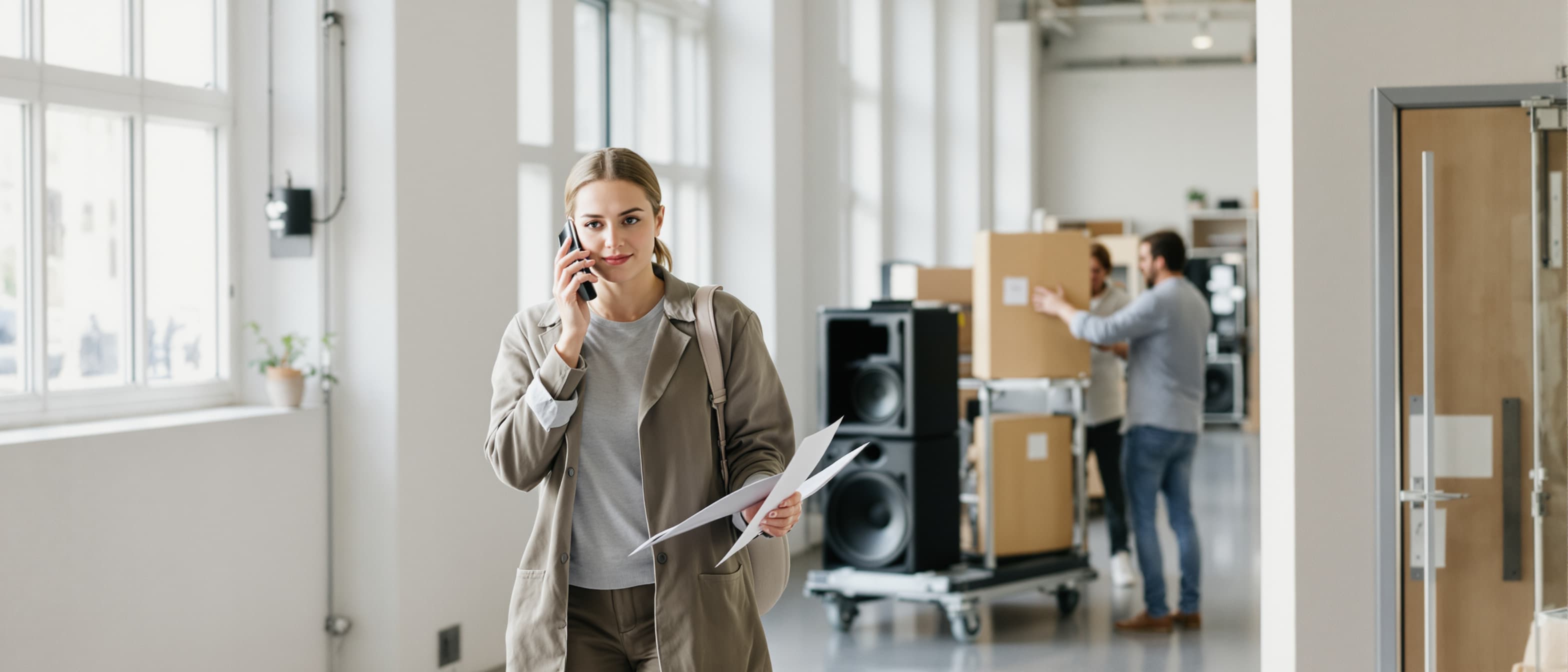 Accountmanager van een AV-bedrijf loopt met de telefoon aan het oor en een uitgeprinte materiaallijst in de hand door het magazijn