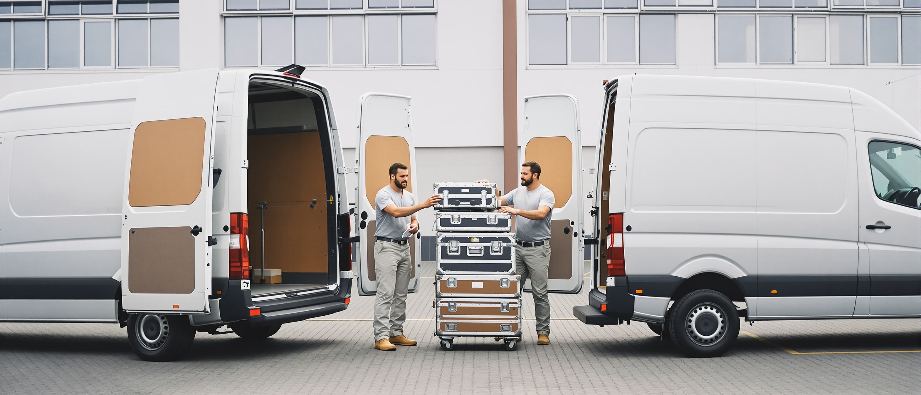 Twee AV-crewleden dragen een stapel flightcases over tussen twee busjes op een licht bedrijventerrein