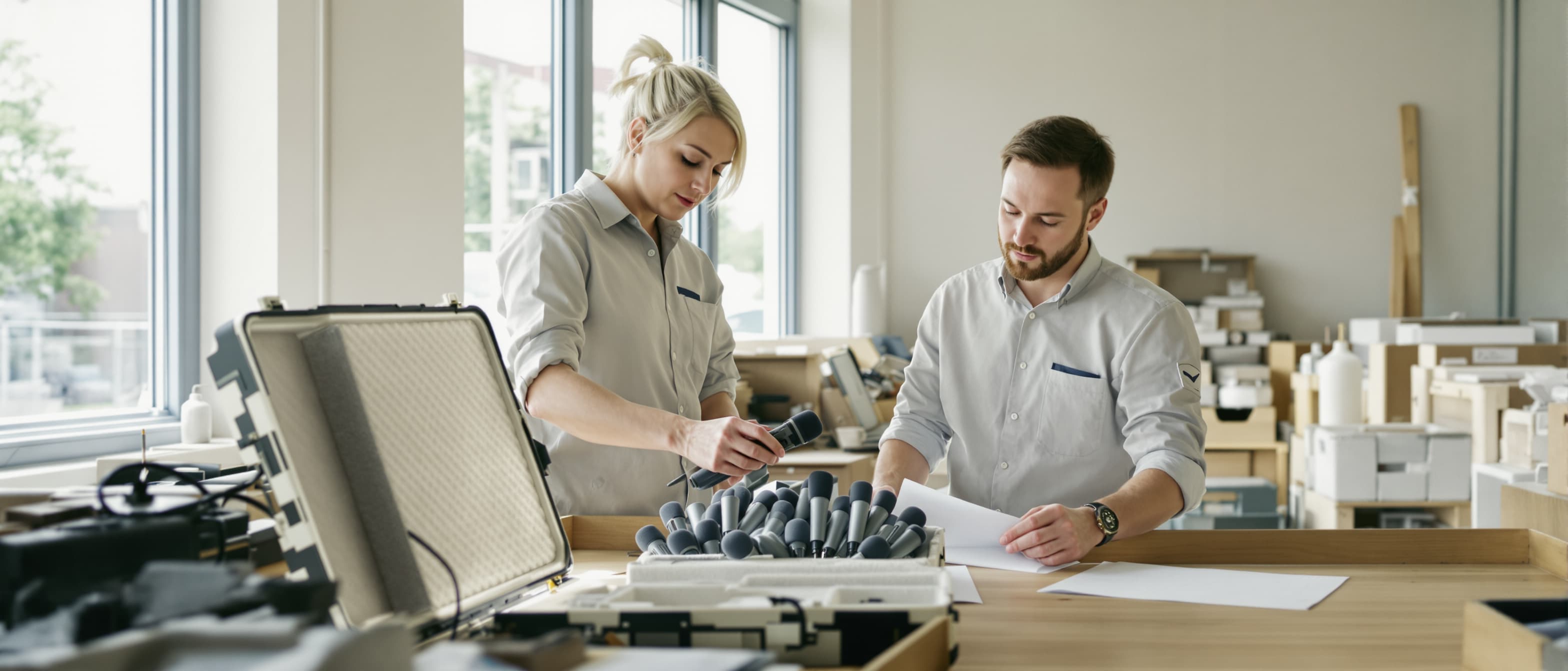 Twee magazijnmedewerkers tellen handmicrofoons stuk voor stuk uit een schuimgevoerde koffer en turven de aantallen op een telformulier