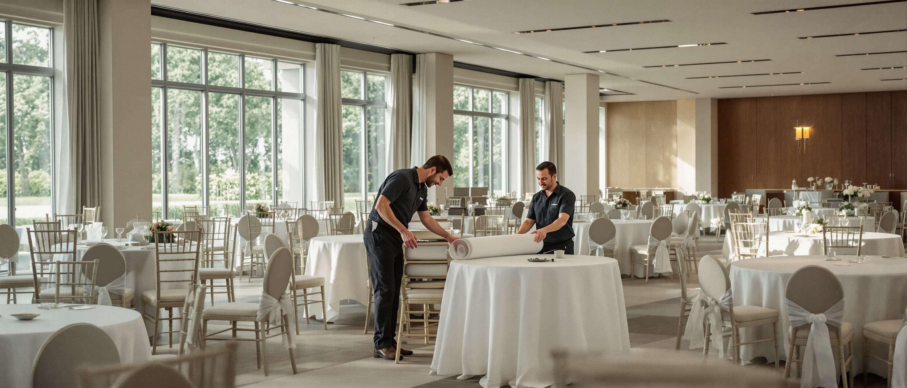 Twee medewerkers rollen een schoon tafelkleed uit op een ronde tafel in een lichte eventzaal met grote ramen, terwijl gedekte tafels en gestapelde stoelen de wissel tussen twee events tonen