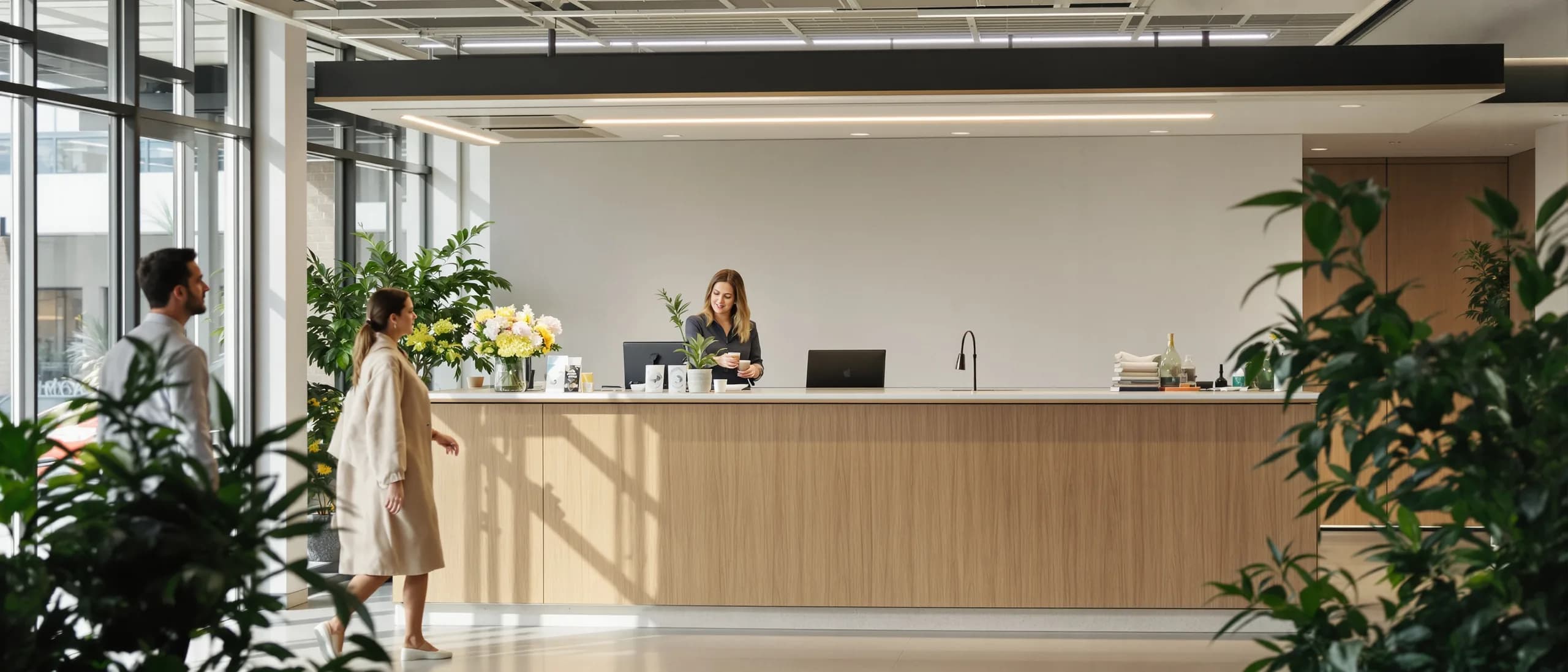 Lichte kantoorreceptie met bezoekers, de plek waar een narrowcasting-scherm zijn werk doet
