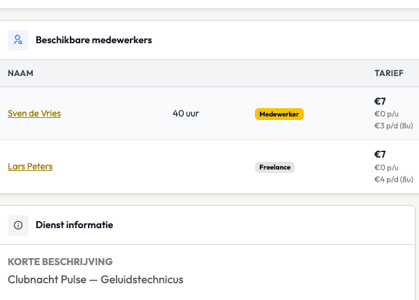 De planner ziet per medewerker de beschikbaarheid, waarbij agenda-conflicten automatisch meewegen in de score