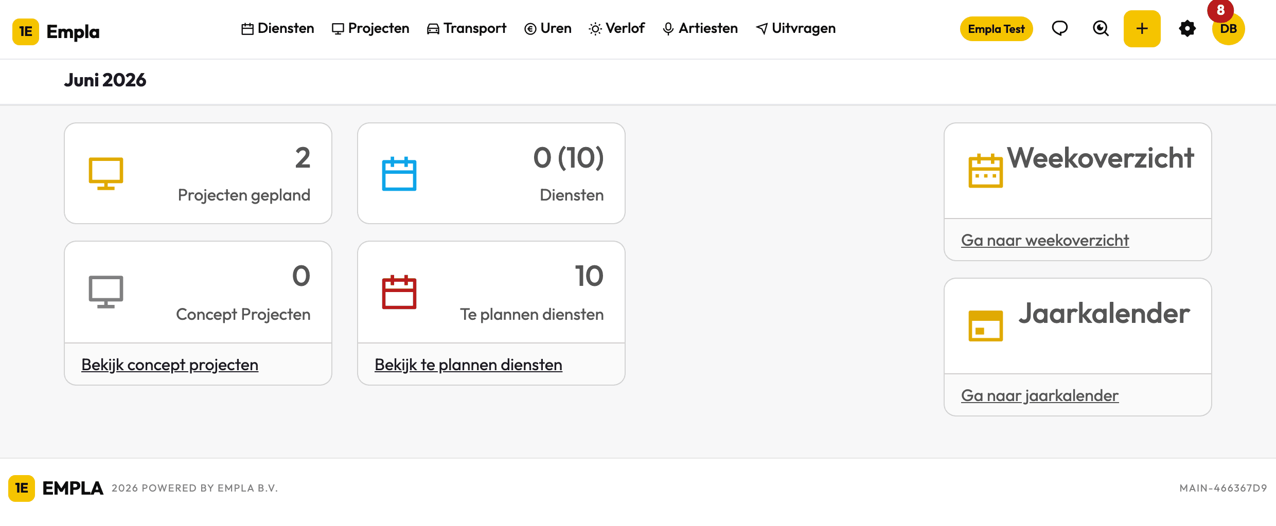 Dashboard direct na inloggen: de huidige maand als titel met de overzichtsblokken eronder