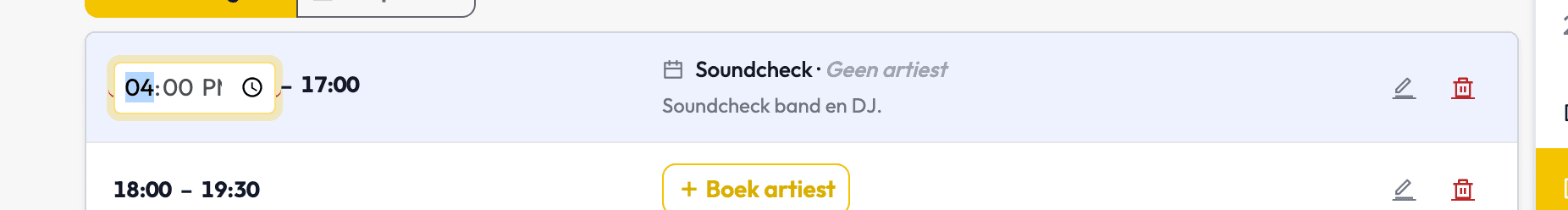 Inline bewerken van een starttijd op de programma-tijdlijn