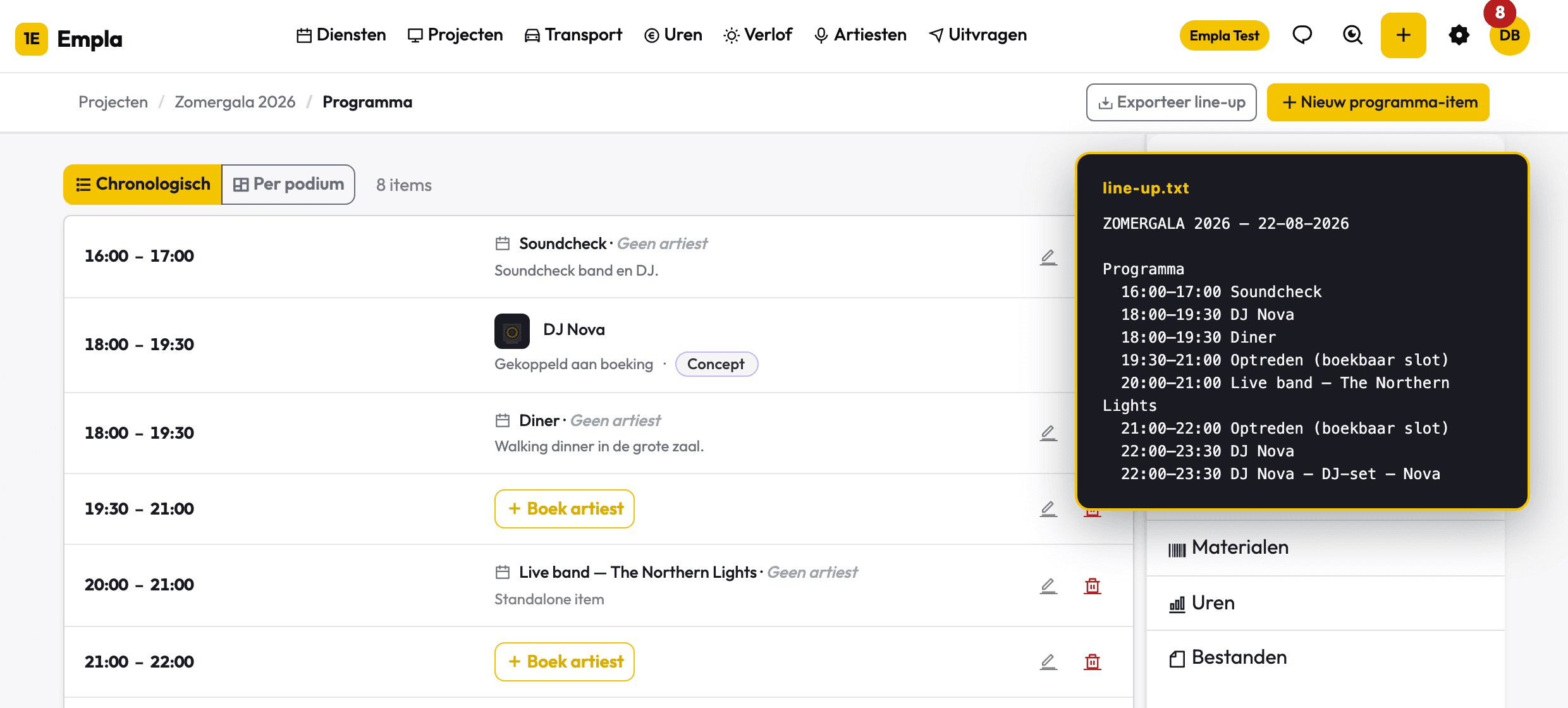 De knop Exporteer line-up en het tekstbestand met tijden en namen