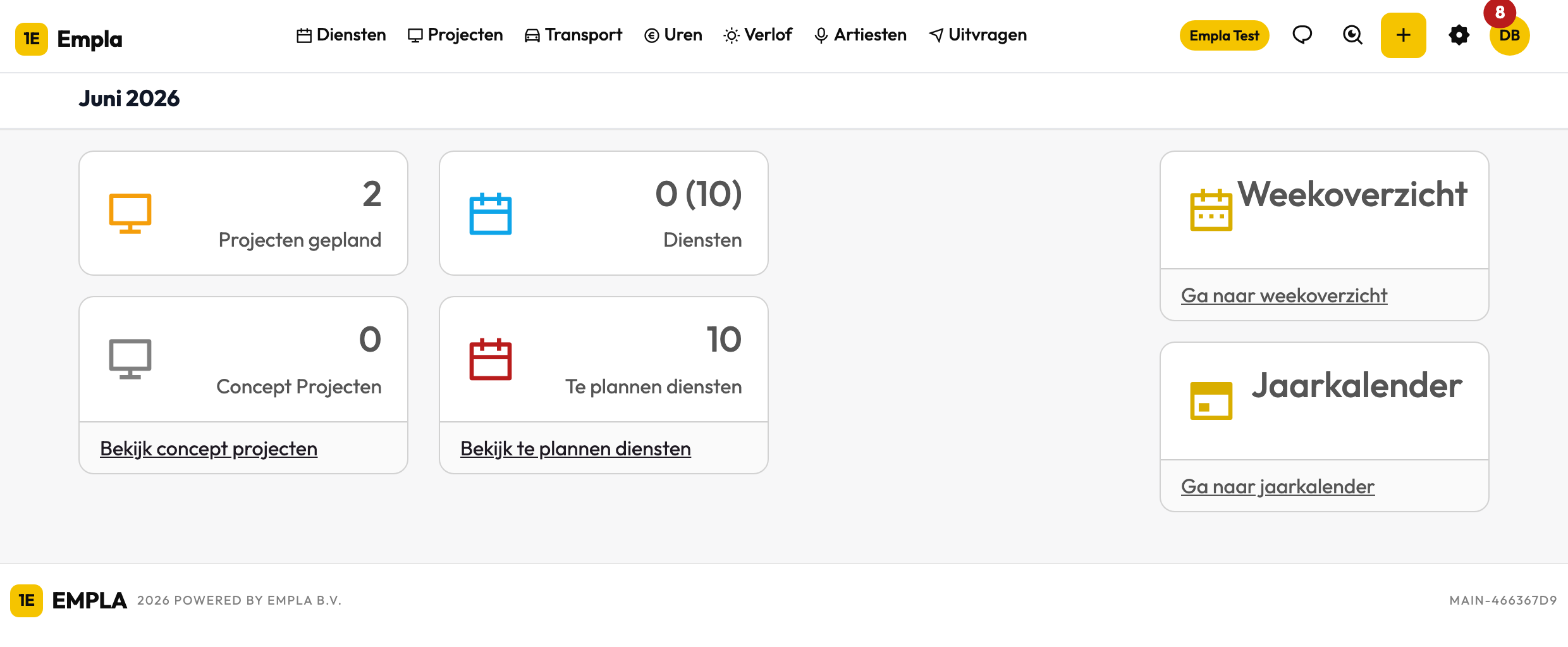 Dashboard direct na inloggen: de huidige maand als titel met de overzichtsblokken eronder