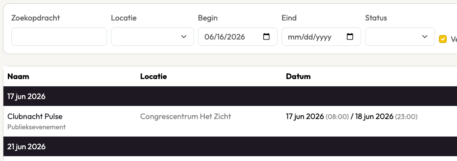 Projecten-overzicht: projectnaam, locatie, datum en status