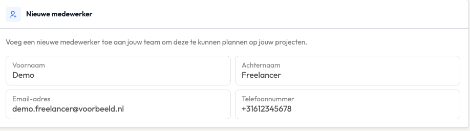 Nieuw teamlid: voornaam, achternaam, e-mailadres en telefoonnummer invullen