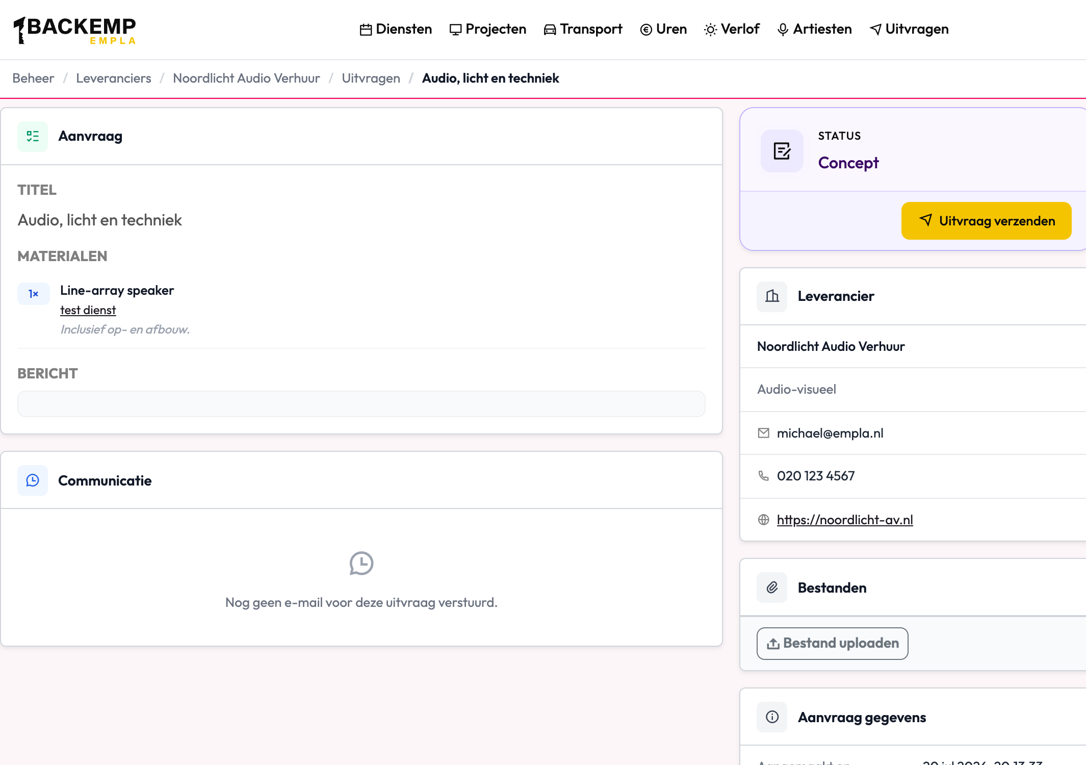 Automatisch aangemaakte concept-uitvraag na een SEM-verkoop, met project, datum en gevraagde items