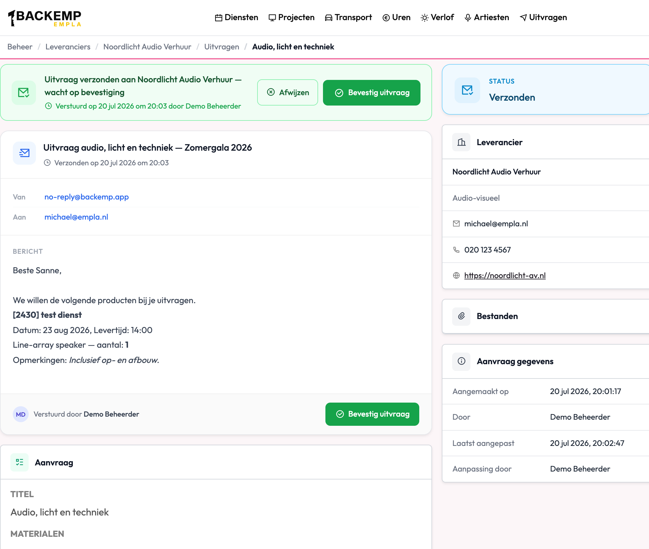 Communicatielog van een uitvraag met de tijdlijn van berichten tussen planner en leverancier